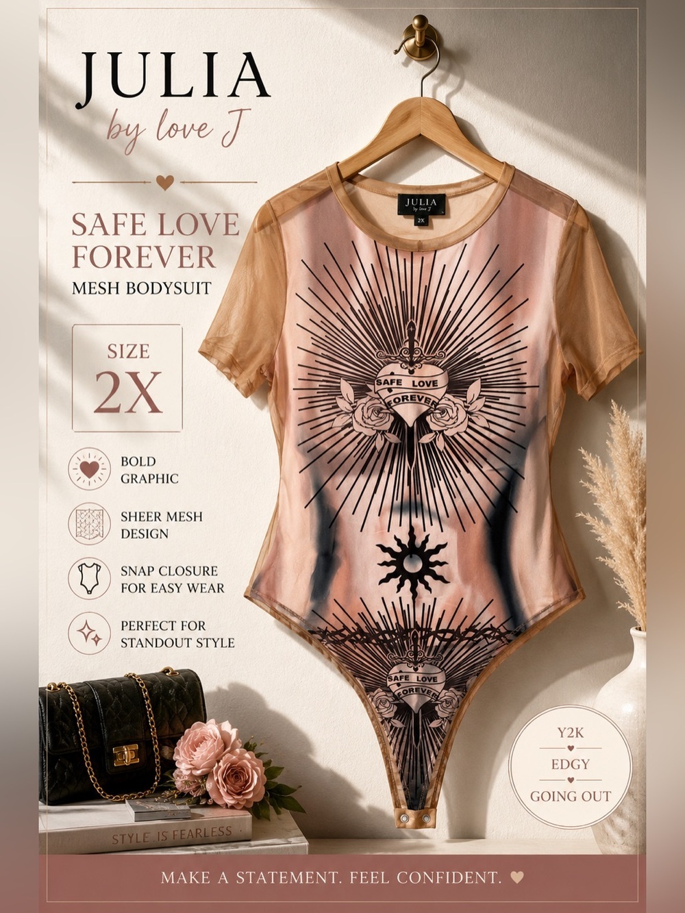 Julia by Love J Safe Love Forever Mesh Graphic Bodysuit Top 2X